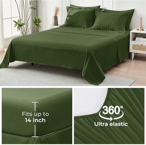 HYMOKEGE Olive Green Oversized Queen Comforter Set Seersucker 7 Pieces, All Season Luxury Bed in a Bag for Bedroom, Bedding Set with Comforter, Sheets, Pillowcases & Shams