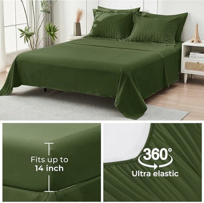 HYMOKEGE Olive Green Oversized Queen Comforter Set Seersucker 7 Pieces, All Season Luxury Bed in a Bag for Bedroom, Bedding Set with Comforter, Sheets, Pillowcases & Shams