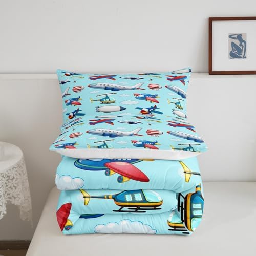 Kids Aircraft Comforter Set Boys Cartoon Airplane Print Comforter Helicopter Flying Plane Bedding Set for Children Girls Travel Decor Duvet Set Cute Colorful Planes Room Decor Queen Size Quilt Set