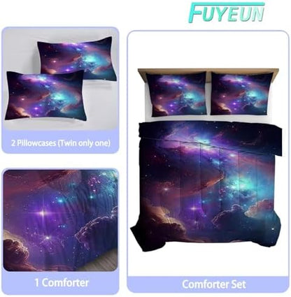 Galaxy Comforter Set King Size, Purple Space Bedding Set for Girls Boys Kids Teens Women Quilt Colorful Starry Sky Glitter Nebula Bedroom Decor, 1 Comforter 2 Pillowcases