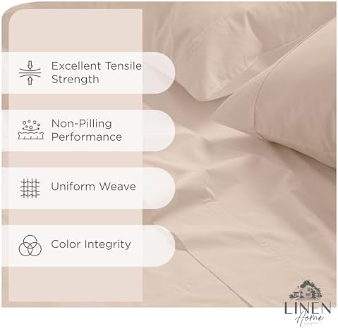 Linen Home 100% Cotton Percale Sheets Twin XL Size, Sand Shell, Deep Pocket, 3 Pieces Set- 1 Flat, 1 Fitted and 1 Pillowcase, Crisp Cool and Long Staple Strong Bed Linen