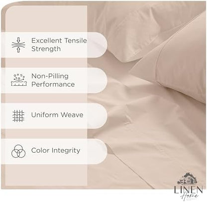 Linen Home 100% Cotton Percale Sheets Twin XL Size, Sand Shell, Deep Pocket, 3 Pieces Set- 1 Flat, 1 Fitted and 1 Pillowcase, Crisp Cool and Long Staple Strong Bed Linen
