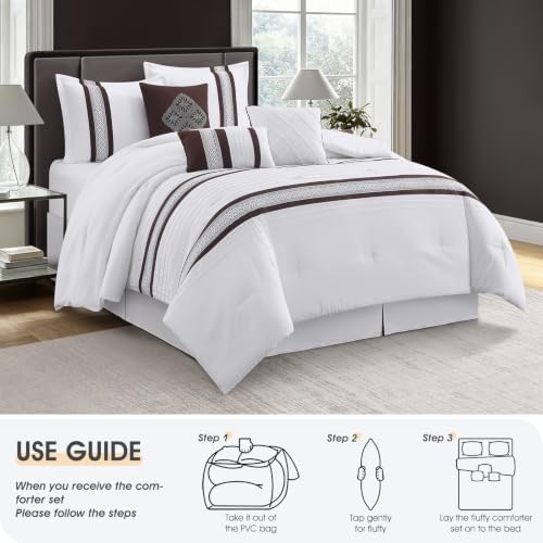 LANCO MODERN LIFESTYLE 7 Piece Comforter Set, Coffee White, California King, Boho Style Geometric Microfiber Embroidery, Bed in a Bag with Bedskirt, Pillow Shams and Decor Pillows