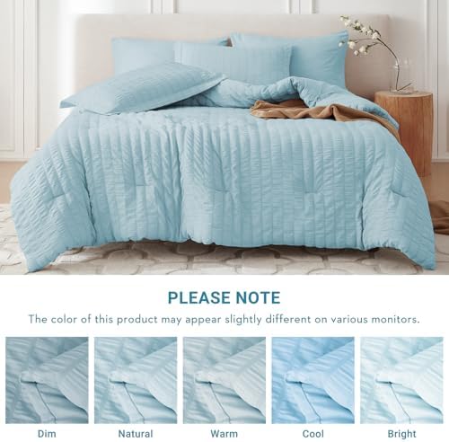 MUXHOMO 7 Pieces Oversized Queen Comforter Set, Seersucker Bed in a Bag Oversized Queen Size, All Season Luxury Bedding Set with Comforter, Flat Sheet, Fitted Sheet, Pillowcases & Shams, Lake Blue