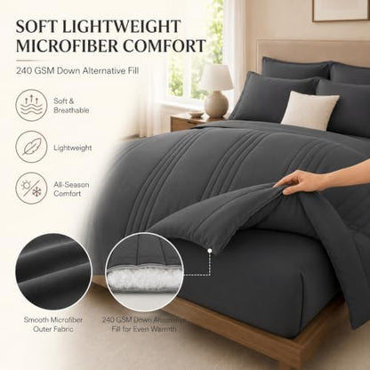 Queen Comforter Set, 7-Piece Bed in a Bag Queen Dark Grey