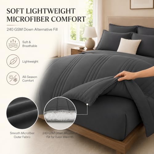 Twin XL Comforter Set with Sheets Dark Grey, 5 Pieces Bed in a Bag