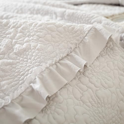BOV Dark Grey Ruffled Quilt Set King, Stone-Washed Farmhouse Bedding