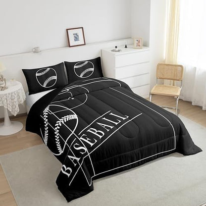 Erosebridal Baseball Comforter Twin for Boys Kids Sports Bedding Set, Baseball Field Down Comforter Black and White Bed Set, Ball Game Gaming Gamer Quilted Duvet 3pcs (1 Comforter + 2 Pillowcase)