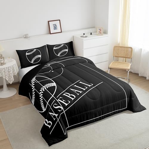 Baseball Bedding Full for Boys Kids Sports Comforter Set, Baseball Field Down Comforter Black and White Bedding Comforter Sets, Ball Game Gaming Gamer Duvet Insert 3pcs (1 Comforter + 2 Pillowcase)