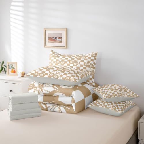 Erosebridal 7 Piece Lucky 8 Ball Comforter Set Twin Fashion Y2K Bowknot Bedding Set with Cute Cherry Ball Design,Minimalist Trendy Geometric Plaid Bed in A Bag Aesthetic Funky Coquette Bed Set