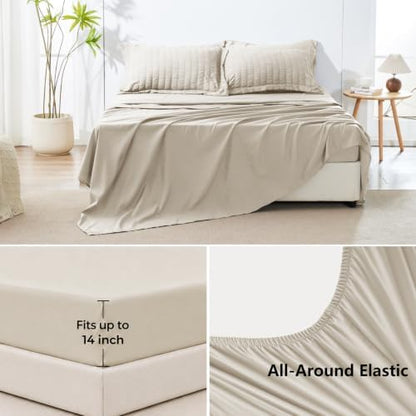 HIMEET Full Comforter Sets, 7-Piece Seersucker Bed in a Bag, Beige