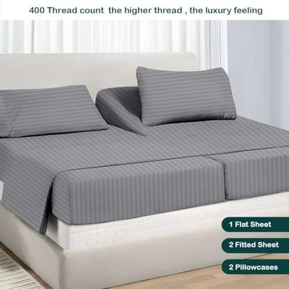 NON Sticky cotton Adjustable Split Queen Sheet Set for Sleep Number Beds, Premium 100% Long Staple Cotton Bedding, Two 30" X 80" Fitted Sheets Fits Up to 18" Deep Mattress, Light Grey Stripe