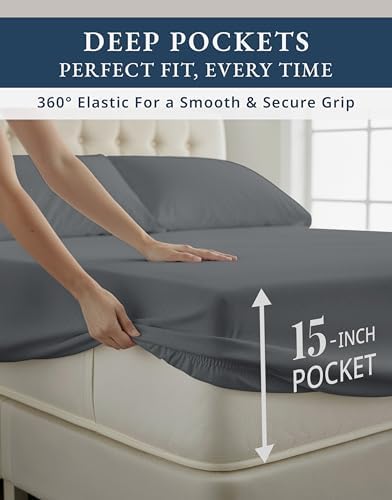 LANE LINEN Extra Long Twin Sheets Sateen Weave - Charcoal Swiss Dot