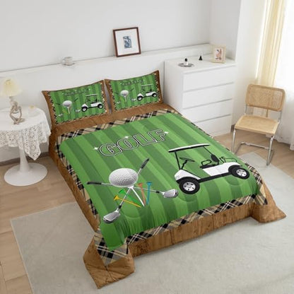 Castle Fairy Golf Bedding Set Twin Size Modern Fashion Sports Games Comforter Set for Kids Boys Bedroom Decor Geometric Plaid Stripes Soft Duvet Insert Golf Ball Print Down Comforter Set,2Pcs