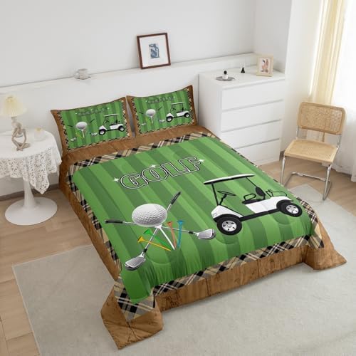 Castle Fairy Golf Bedding Set Full Size Modern Fashion Sports Games Comforter Set for Kids Boys Bedroom Decor Geometric Plaid Stripes Soft Duvet Insert Golf Ball Print Down Comforter Set,3Pcs