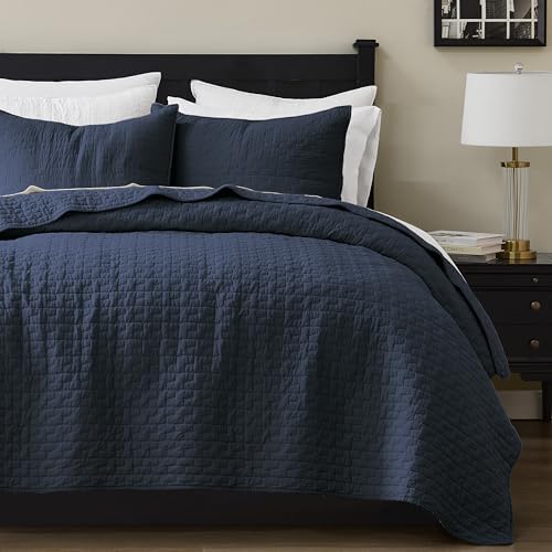 palassio Navy Blue 100% Cotton Quilt King Size Bedding Sets with 2 Pillow Shams, Textured Lightweight Soft Bedspread Shabby Chic Coverlet, Quilted Comforter Bed Cover for All Season, 3 Pieces