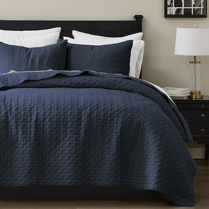 palassio Navy Blue 100% Cotton Quilt King Size Bedding Sets with 2 Pillow Shams, Textured Lightweight Soft Bedspread Shabby Chic Coverlet, Quilted Comforter Bed Cover for All Season, 3 Pieces