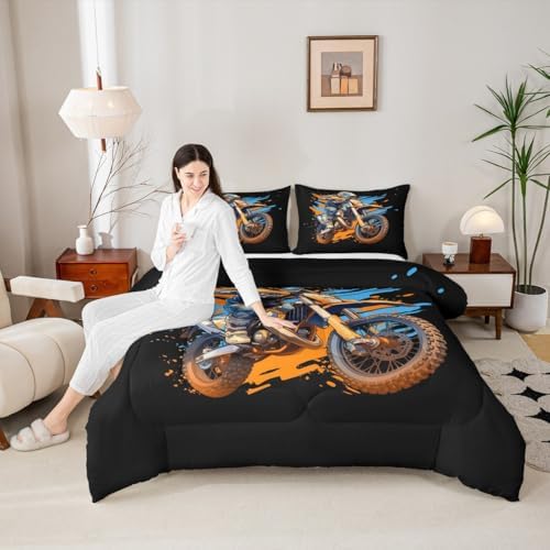 Feelyou Dirt Bike Bedding Set Soft for Boys Girls, Racing Motocross Rider Comforter Set Toddler Size Extreme Sports Duvet Quilt Microfiber Motorcycle Bedroom Decor Motorbike 2 Pcs with 1 Pillow Cases