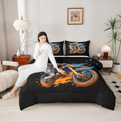 Feelyou Dirt Bike Bedding Set Soft for Boys Girls, Racing Motocross Rider Comforter Set Full Size Extreme Sports Duvet Quilt Microfiber Motorcycle Bedroom Decor Motorbike 3 Pcs with 2 Pillow Cases