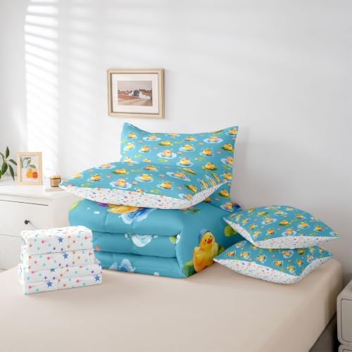 Erosebridal Yellow Rubber Duck King Comforter Set with Sheets 7 piece Cartoon Ducks Bed in A Bag Funny Animal Lotus Bedding Sets for Kids Adults,Cute Pet Rustic Animal Bed Set