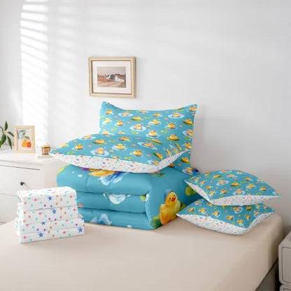 Erosebridal Yellow Rubber Duck King Comforter Set with Sheets 7 piece Cartoon Ducks Bed in A Bag Funny Animal Lotus Bedding Sets for Kids Adults,Cute Pet Rustic Animal Bed Set