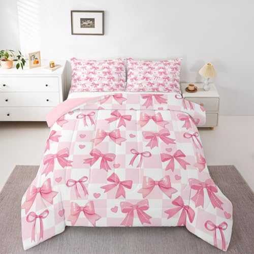jejeloiu Watercolor Bow Kids Comforter Set Toddler Size Pink Bow Bedding Set Dreamy Princess Style Duvet Quilt for Kids Boys Girls Bedroom Decor Microfiber Ultra Soft Breathable