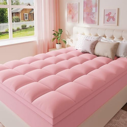 ELEMUSE King Pink Mattress Topper, Thick Pillow Top Mattress Pad