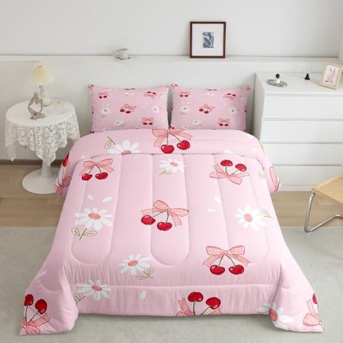 Pink Bowknot Girly Comforter Set Queen Size,Bow Daisy Flowers Plant Cute Bedding Set,Girls Women Room Decor,Cherry Bow Tie Princess Castle Down Comforter,Pink Romantic Duvet Insert,2 Pillowcases