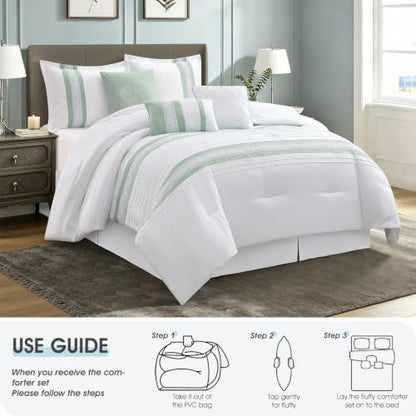 LANCO MODERN LIFESTYLE 7 Piece Comforter Set, Sage White, King Size, Boho Style Geometric Microfiber Embroidery, Bed in a Bag with Bedskirt, Pillow Shams and Decor Pillows