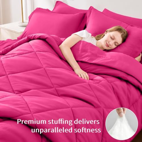FUANNA King Size Comforter Set 7 PCS, Hot Pink Bed Set, Soft Bed in a Bag