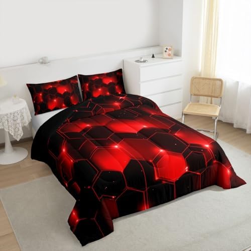 Feelyou Honeycomb Bedding Set Queen Size, Beehive Geometric Black Red Comforter Set Geometrical Comforter for Kids Boys Girls Teens Geometric Honeycomb Duvet Set Durable Quilt Set Queen Size