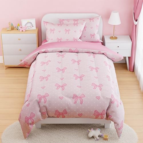 SANDJEST Bow Comforter Set Full Size 98x86in for Kids Girls, Microfiber 4 Pcs Bedding Set Includes 1 Comforter, 2 Pillowcases, 1 Fitted Sheet, Nursery Room Decor