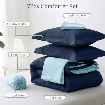 JOLLYVOGUE Full Comforter Set, Ultra-Soft Bed in a Bag Full Size 7 Pieces, Oeko-TEX Certified Bedding Set with Down Alternative Comforter, Sheets, Pillowcases & Shams, Navy & Light Blue