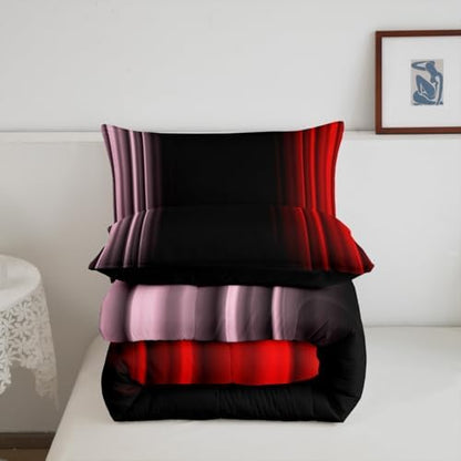 Feelyou Teens Abstract Ombre Decorations Bedding Set for Kids Women Pink Red and Black Comforter Set Geometric Modern Quilt Set Room 3Pcs Queen Size