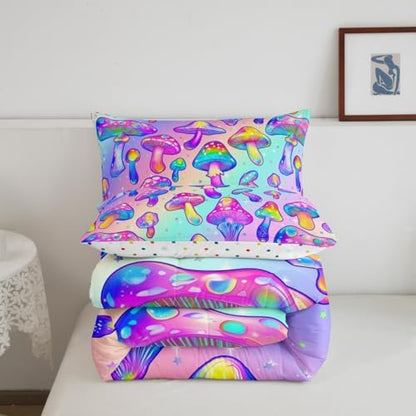 Mushroom Comforter Set Colorful Hippie Style Mushroom Bedding for Boys Girls Blue Purple Gradient Bedding Comforter Sets Exotic Botanical Plants Fungi Decor Duvet Insert Halloween Themed Quilt Full