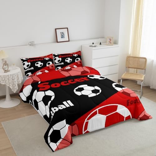 Manfei American Soccer Comforter Set Toddler Size, Black White Football Bedding Set 2pcs, Sports Theme Red Down Comforter All Season, Kids Boys Teens Room Decor, Soft and Lightweight, 1 Pillowcase