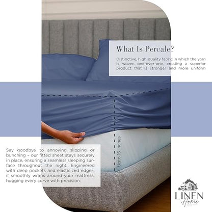 Linen Home 2-Pack Queen Sheet Set, 100% Cotton Percale Bedding, 8-Piece Value Bundle, Deep Pocket Cooling Bed Sheets for Hot Sleepers, Breathable & Crisp Hotel Quality, Long-Staple Cotton, Dark Blue