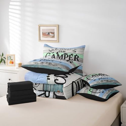 Erosebridal Kids Camping 7 Piece Bedding Sets Twin,Rustic Farmhouse Old Barn Door Comforter Set Bed in a Bag,Woodland Camper Car Bed Sheets,Cartoon Camper Duvet Set,Vintage Style Camping Theme Quilt