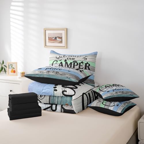 Erosebridal Kids Camping 7 Piece Bedding Sets Full,Rustic Farmhouse Old Barn Door Comforter Set Bed in a Bag,Woodland Camper Car Bed Sheets,Cartoon Camper Duvet Set,Vintage Style Camping Theme Quilt