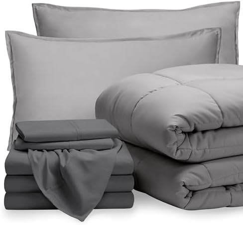 Bare Home Bed-in-A-Bag 8 Piece Comforter & Sheet Set - Split California King - Goose Down Alternative - Ultra-Soft 1800 Premium Bedding Set (Split Cal King, Light Grey/Grey)