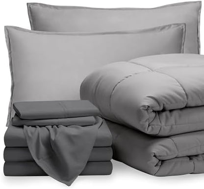 Bare Home Bed-in-A-Bag 8 Piece Comforter & Sheet Set - Split California King - Goose Down Alternative - Ultra-Soft 1800 Premium Bedding Set (Split Cal King, Light Grey/Grey)