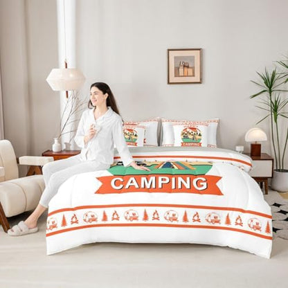 Erosebridal Camper Decor Comforter Set with Sheets Happy Camping Twin Size 7 Piece Bedding Set Rv Travel Trailer Bed in A Bag for Kids Teens Adult Bedroom Vintage Rustic Farmhouse Bed Sets, Orange