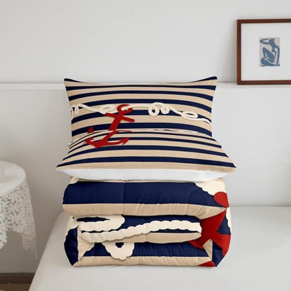 Homewish Red Anchor Full Size Comforter Set,Navigation Theme Bedding Set for Adults Teens,Children Navy Stripes Comforter Luxury Nautical Anchor Quilt Set Room Decor 3Pcs