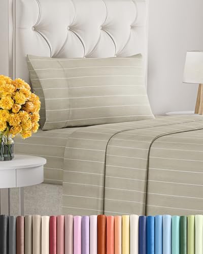 Twin XL Size 3 Piece Sheet Set - Soft & Cooling Sheets - Beige Stripes 4
