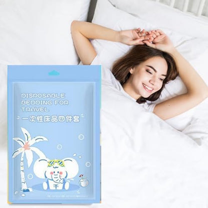 4pcs Superior Disposable Travel Bedset Ready-to-Use Large Size Bed Linens Including One Bedsheet, One Quilt Cover, Two Pillowcases, Portable Bedding Set Breathable for Hotel Camping Trip Hospital