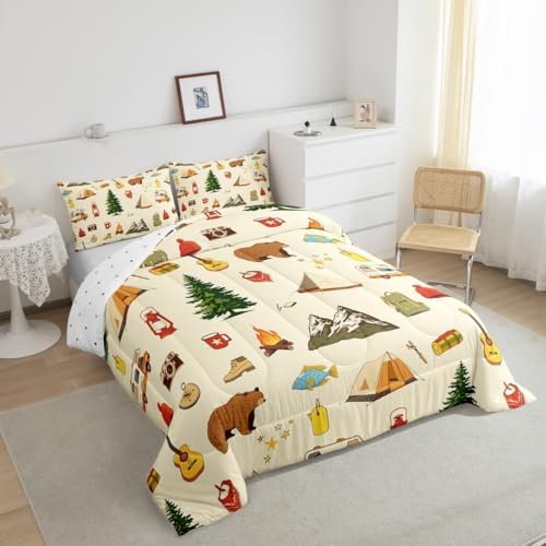 Camping Adventure Comforter Set King Size for Boys Teens Girls Kids Room Decor Cartoon Bear Tent Mountain Tree Quilt Set Outdoor Life Bedding Set 3pcs Traveling Lover Duvet Insert,2 Pillowcases