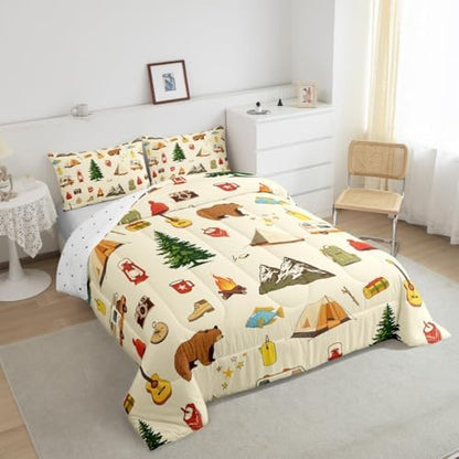 Camping Adventure Comforter Set King Size for Boys Teens Girls Kids Room Decor Cartoon Bear Tent Mountain Tree Quilt Set Outdoor Life Bedding Set 3pcs Traveling Lover Duvet Insert,2 Pillowcases