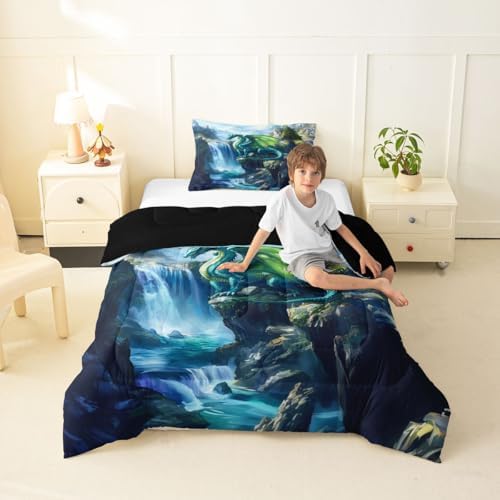 Feelyou Dragon Kids Comforter Set Toddler Size Magical Beast Bedding Set Wild Animal Duvet Quilt for Kids Boys Girls Bedroom Fantasy Animal Decor Jungle Dragon Microfiber Ultra Soft Breathable