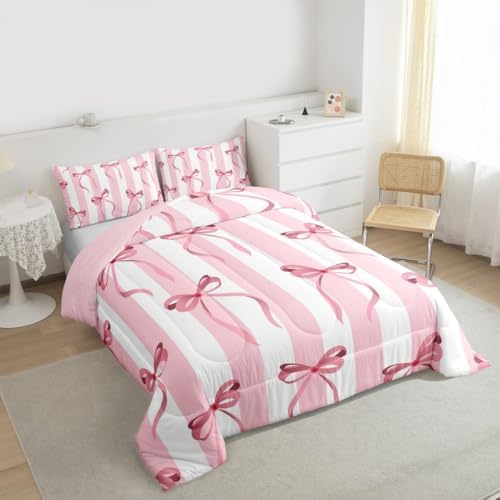 jejeloiu Girls Pink Bow Comforter Set All Season Cute Bowknot Bedding Set with 1 Pillow Cases Bow Microfiber Kids Twin Bedclothes Bedroom Decor Duvet Quilt Breathable Soft Lightweight
