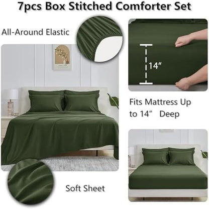 CozyLux Full Size Comforter Sets, 7-Piece Bed in a Bag, Olive Green